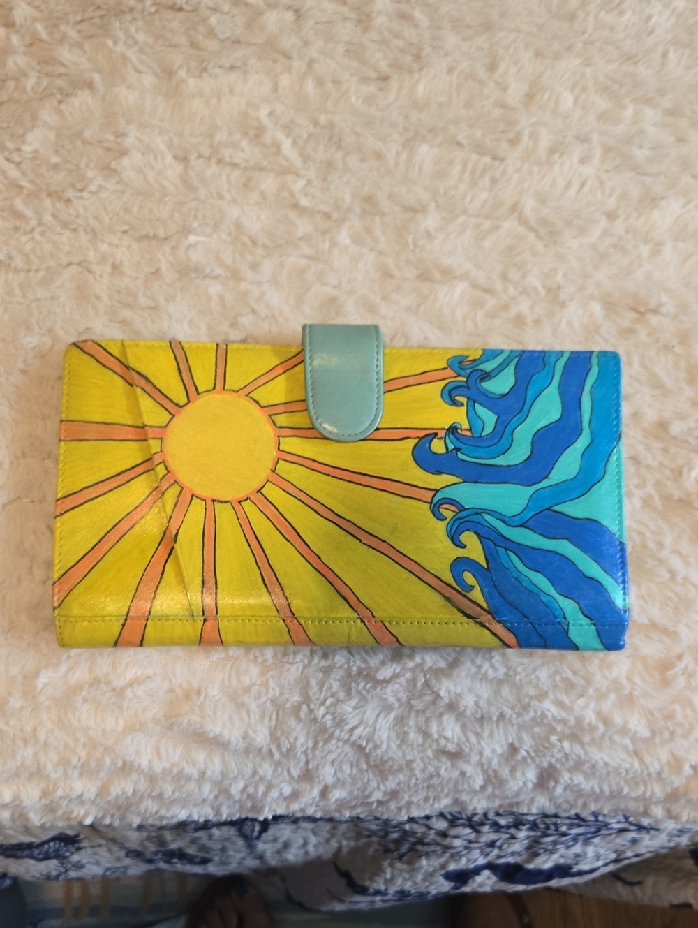 Hand-Painted Yellow & Blue Sunburst Leather Wallet
